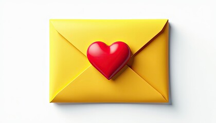 Vibrant Yellow Envelope with HeartShaped Red Affix on Crisp White Background. A yellow envelope with a red heart on it.