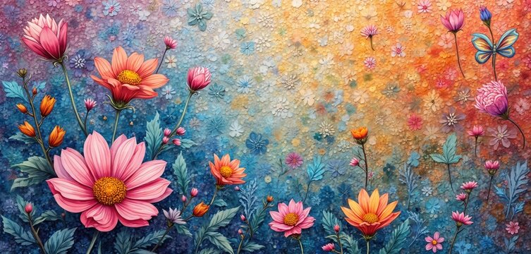 Mosaic with flowers, leaves, butterfly. Vibrant pastel watercolor drawing. Intricate zentangles design. Seamless floral, nature pattern. Beauty gerbera, daisy, rose bloom, garden plant leaf bouquet