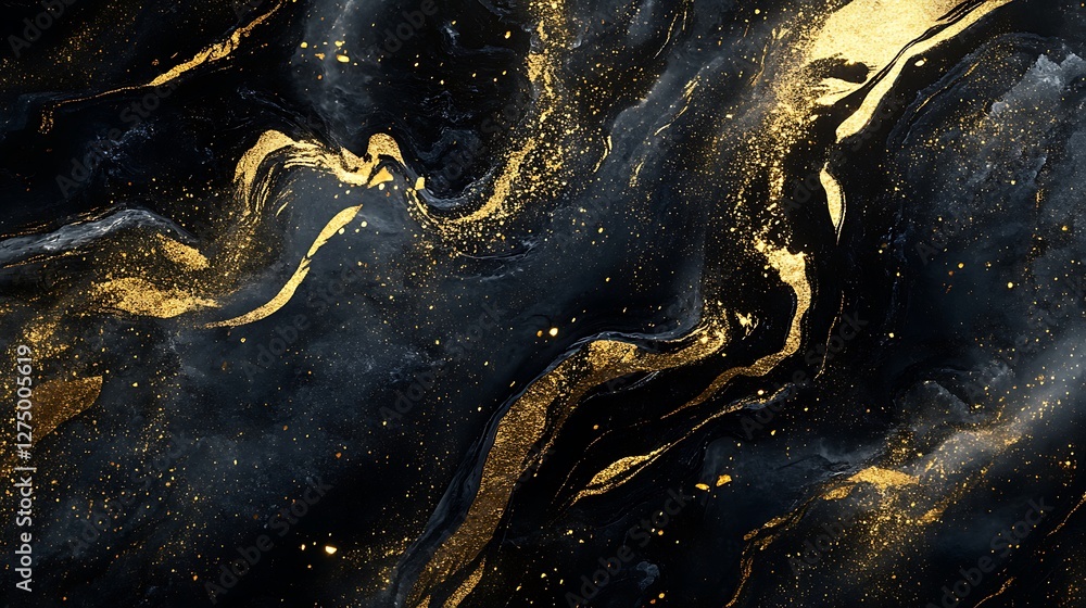 Poster an abstract image featuring flowing black and gold patterns that create a sense of elegance and luxu