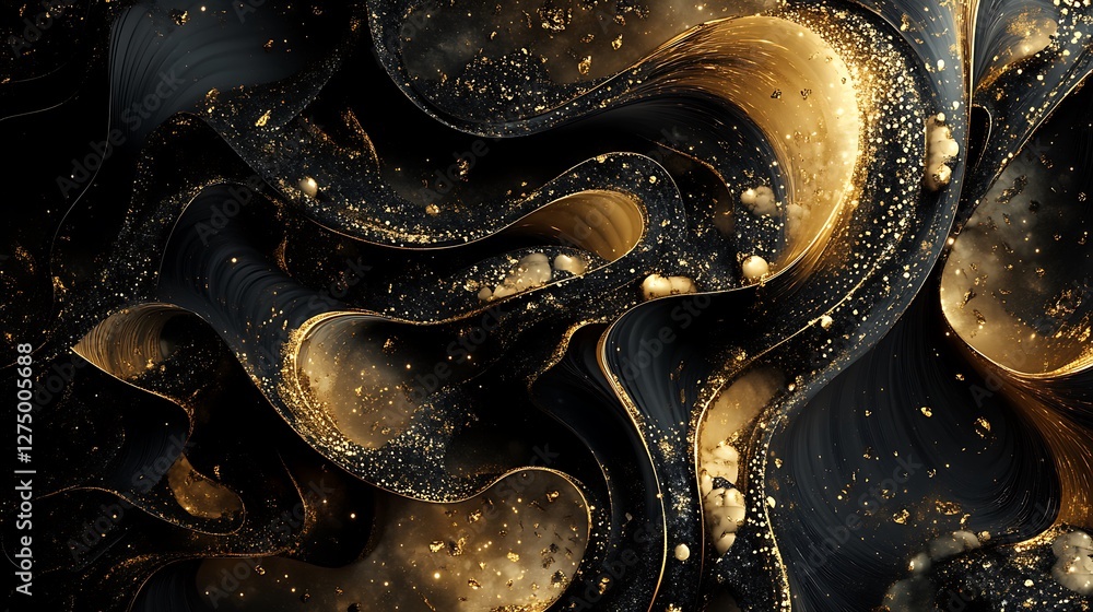 Poster an abstract image featuring luxurious dark waves intertwined with gold accents and shimmering partic
