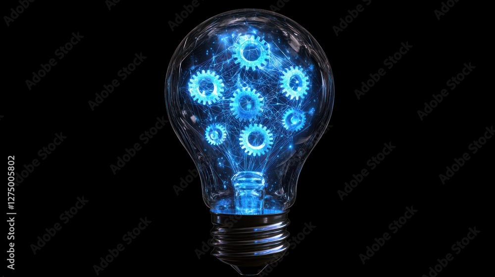 Poster glowing lightbulb with interconnected gears inside