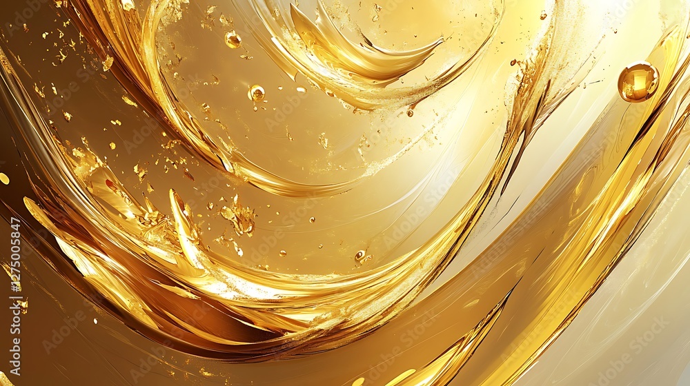 Poster an abstract image showcasing flowing golden liquid, creating dynamic swirls and reflections. the viv