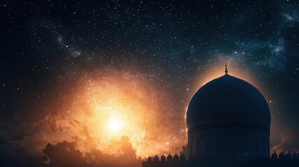 Obraz premium Shahada glowing against a starry night sky, radiating universal purpose, 3D illustration