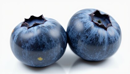 Obraz premium Two Ripe Blueberries: Distinct Blue Hues Against a Crisp White Background. A close up of two ripe blueberries on a white surface.