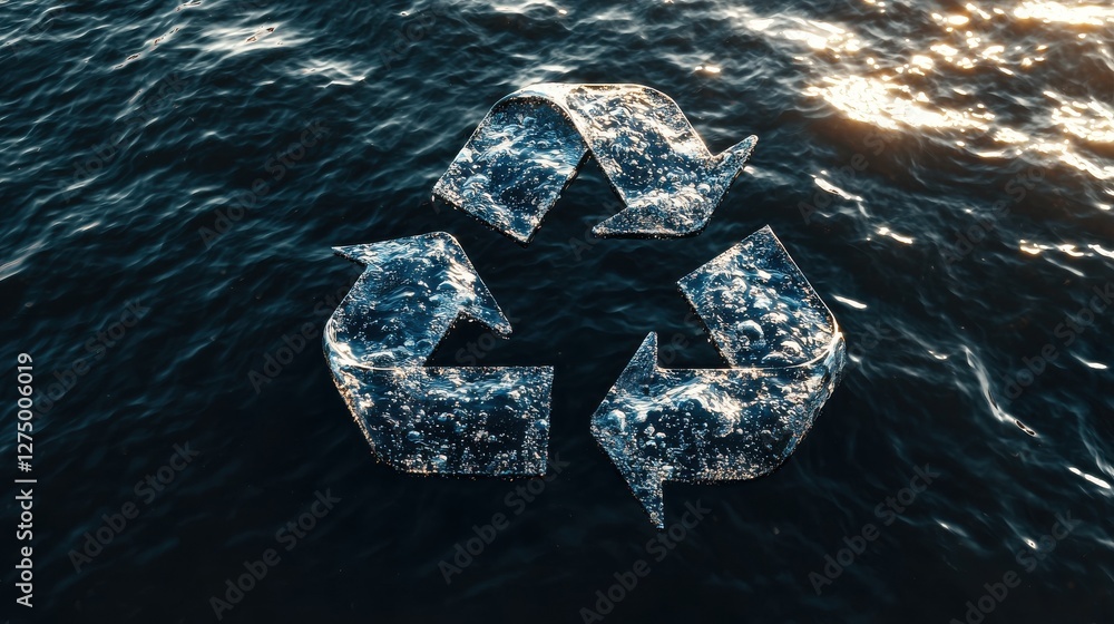 Poster minimalist 3d rendering of a smooth riverbed with reflective water surface and recycle symbol