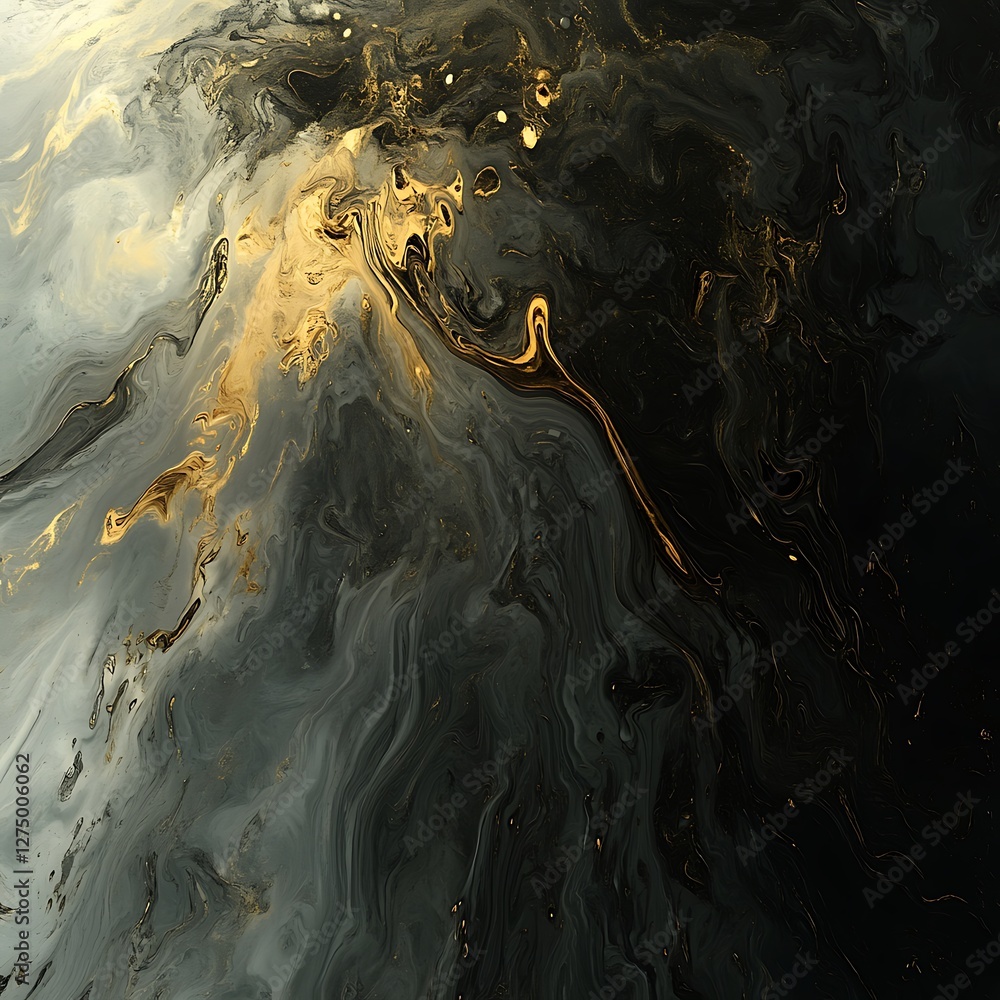 Poster an abstract image showcasing swirling patterns of gold and dark colors, evoking a sense of depth and