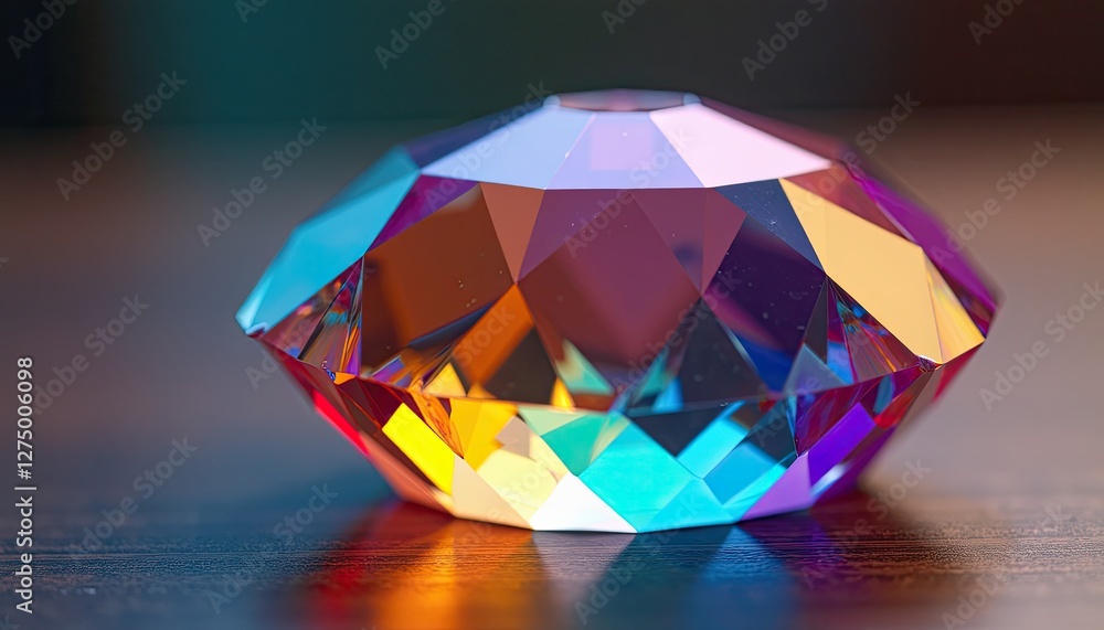 Poster mesmerizing iridescent crystal on wood: vibrant facets reflecting a spectrum of colors. a multicolor