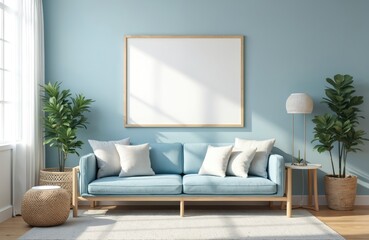 Japandi interior with frame mockup. Minimalist living room design in blue tones with sofa, plants, and decor. Farmhouse interior with empty wall template. Modern apartment indoor nobody style.