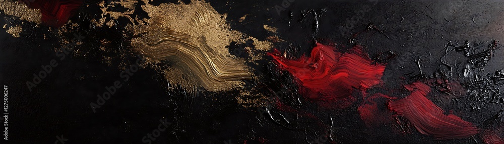 Poster an abstract painting featuring bold strokes of red, gold, and black. the dynamic colors blend seamle