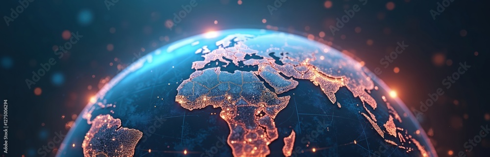 Poster abstract digital globe illuminates data connections, network lines. futuristic tech setting represen