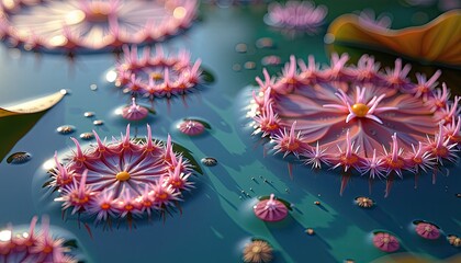 Digital Water Lilies Artwork in Tranquil Pond Reflection. A digital artwork of water lilies floating in a pond.