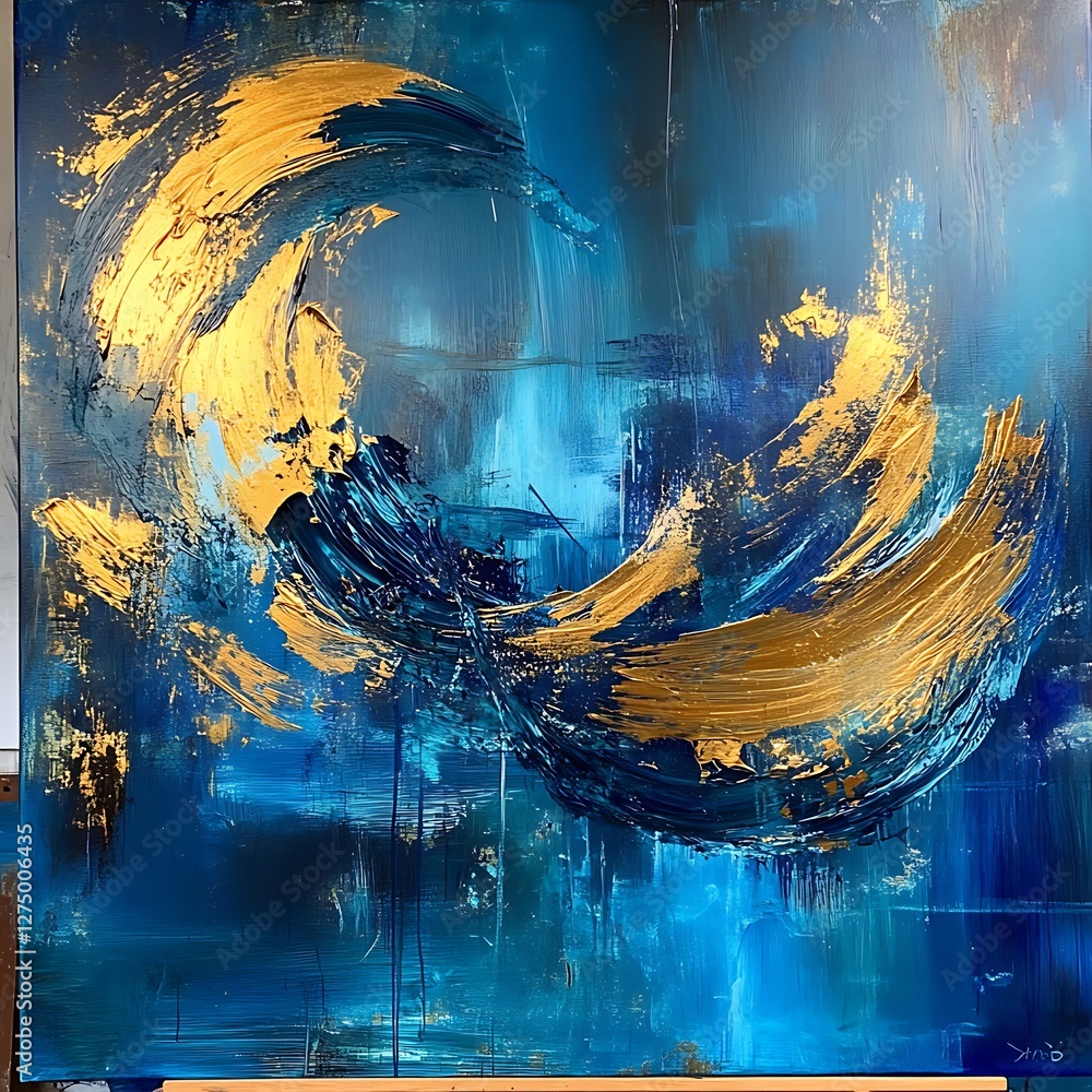 Poster an abstract painting featuring dynamic blue waves accented with golden strokes, creating a sense of 