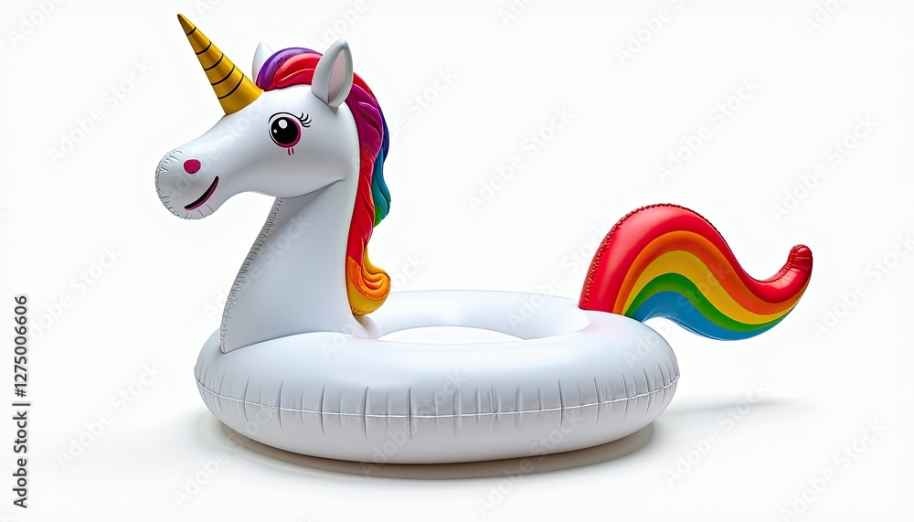 Poster brightly colored inflatable unicorn float with rainbow mane and golden horn on white background. a u