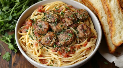 A delicious bowl of spaghetti with meatballs and garlic bread, garnished with herbs.