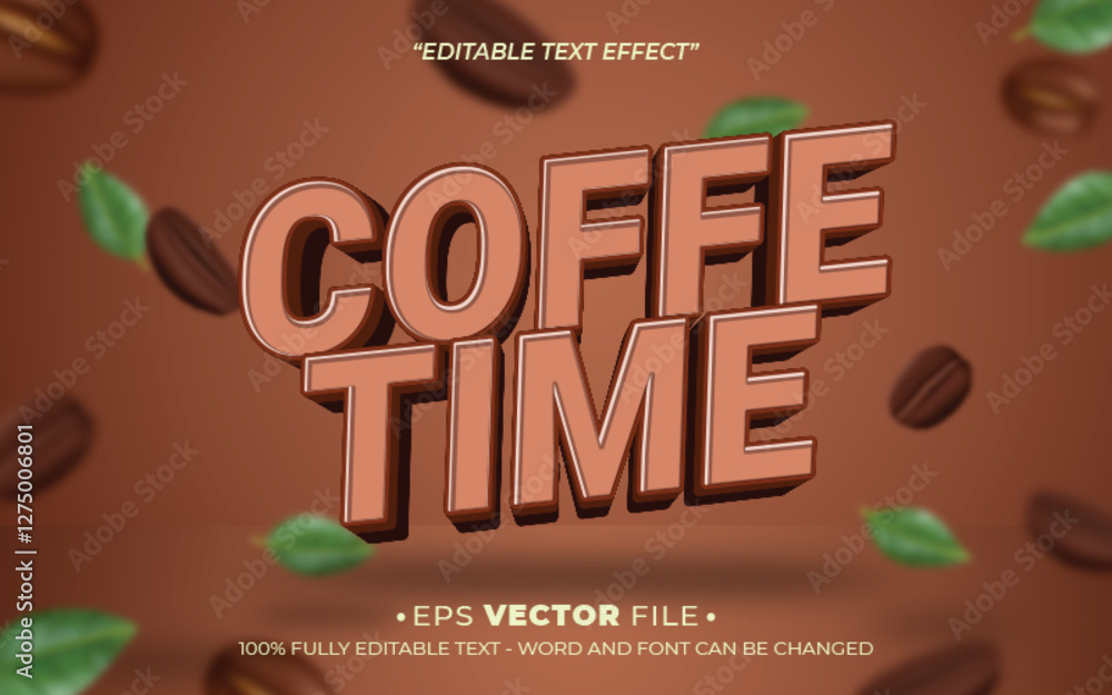 Poster coffee time editable text effect vector template with 3d style
