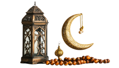 Ramadan lantern, crescent moon, prayer beads. Still life religious decor
