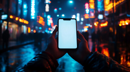Hand holding blank white Smartphone screen for mockup on night city background.