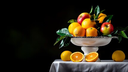 A vibrant display of apples and oranges in a decorative bowl on a dark background