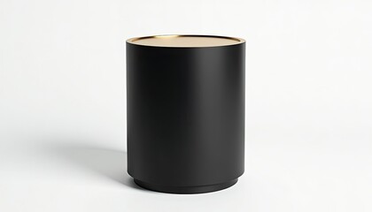 Elegant Matte Black Cylindrical Vase with Gold Rim on White Background. A black vase with a gold rim sits on a white surface.