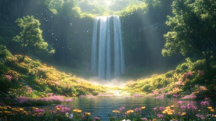 Lush Waterfall Garden Scene, Serenity, Nature, Sunlight