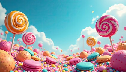 Vibrant Lollipop and Macaron Wonderland Against Clouds in a Bright Blue Sky. A vibrant array of colorful candies and lollipops in a field of sprinkles.