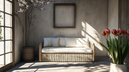 Sunlit Wicker Sofa with Flowers and Frame in Peaceful Room