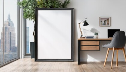 Frame mockup of ISO A paper size Home Office wall poster featuring a sleek and modern office setting in moody tones. Showcasing minimalist elements with pops of bold blue and green accents, this