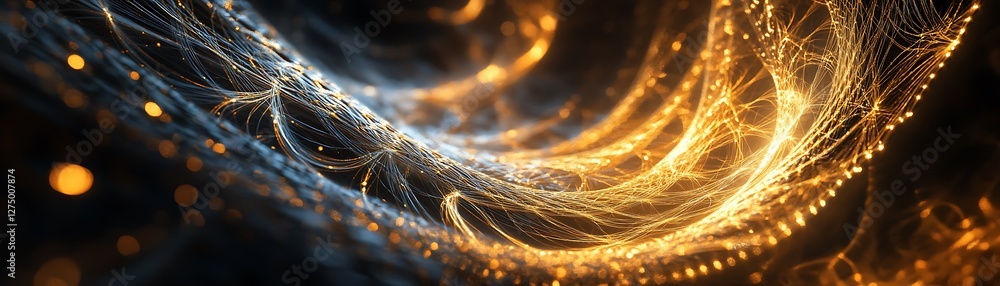 Poster an abstract representation of flowing light trails in warm gold and cool blue hues, creating a mesme