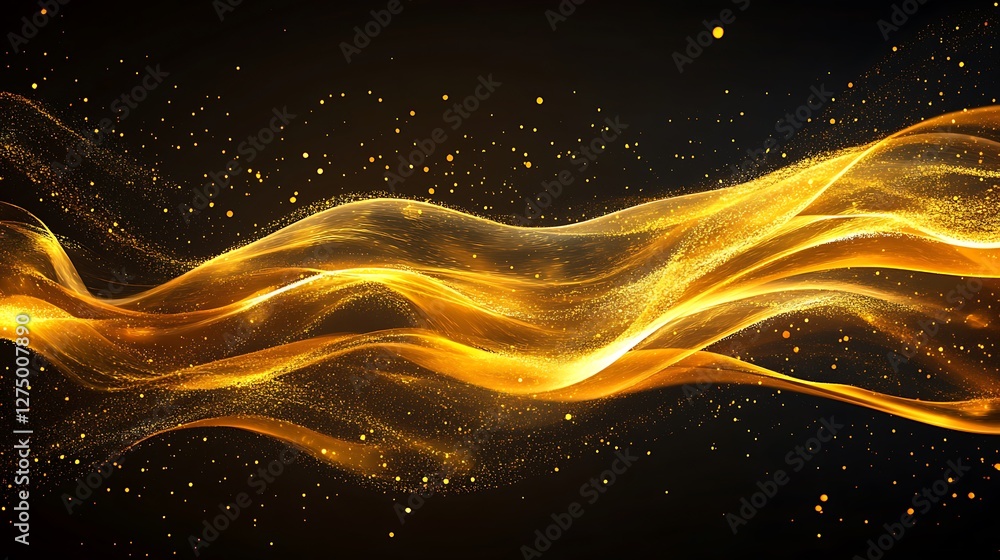 Poster an abstract representation of golden waves flowing seamlessly through a dark background, symbolizing