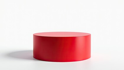 Vibrant Red Cylindrical Table on Glossy Finish Against a Crisp White Background. A red, cylindrical object on a white surface.