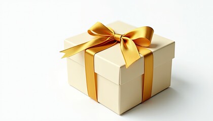 Fototapeta premium Pristine White Gift Box with Elegant Golden Ribbon on Crisp Background. A white gift box with a golden ribbon tied around it.