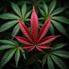 Close-up shot of red cannabis leaf. Green leaves in background. Herbal plant, alternative medicine concept. Natural remedy. Cannabinoid product, medical marijuana, cannabis extract. Wild plant,