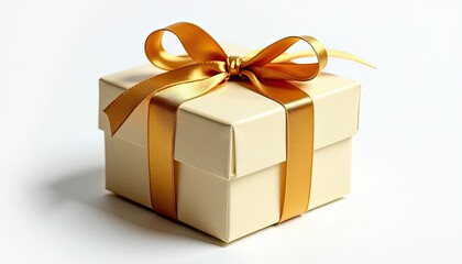 Obraz premium Delicate White Gift Box Wrapped in Glittering Gold Ribbon Against Soft White Background. A white gift box with a golden ribbon tied around it.