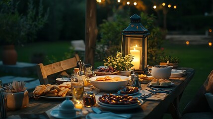 Fototapeta premium Beautifully Arranged Iftar Table with Dates and Traditional Dishes