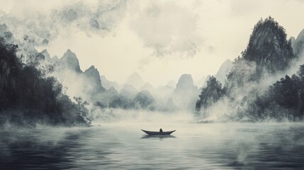 Fototapeta premium Create a dramatic scene of a boat drifting across a mist-covered river, with heavy ink clouds looming overhead in a traditional Chinese style. 