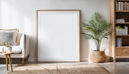 ISO A Paper Size Living Room Wall Poster Mockup Frame Illuminated in a Warm Toned Interior Space, Perfect for Digital Art or Home Decor Inspiration