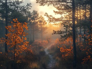 Autumn sunrise forest path