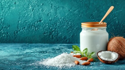 Fototapeta premium Fresh coconut, almond, and sugar ingredients in a jar with a wooden spoon on a vibrant blue background.