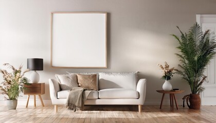 Stylish ISO A Paper Size Living Room Wall Poster Mockup Modern Artwork Enhancing a Cozy Space with Elegant Framing and Rich Textures