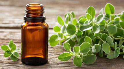 Aesthetic image of an amber glass bottle alongside fresh oregano leaves on a rustic wooden background.