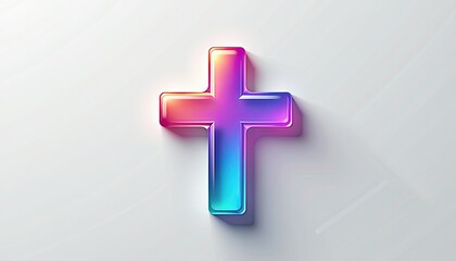 Obraz premium Vibrant Neon Cross Digital Art on White Background: Hopeful and Optimistic Luminosity. A 3D rendering of a cross on a white background.