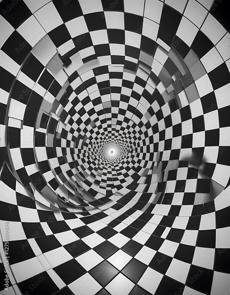 Aufkleber black and white checkerboard pattern tunnel with a glowing light source