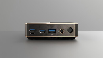Fototapeta premium A modern back panel design for a compact desktop computer, showcasing USB-C ports, network jacks, and HDMI connections for a minimalist look.