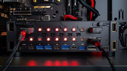 Fototapeta premium A well-organized computer back panel featuring labeled connectors for easy recognition, showing ports for USB, audio, and network cables.