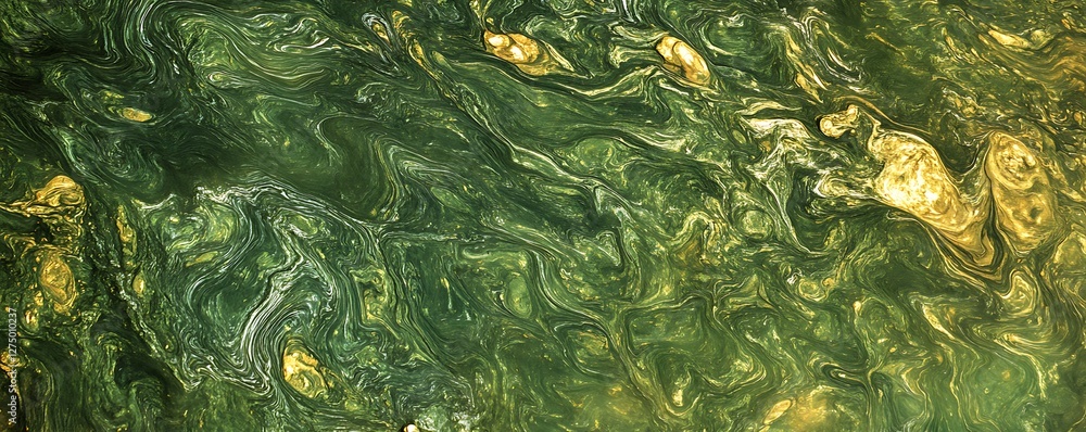 Poster an artistic blend of green and gold swirls, creating an abstract image that evokes a sense of moveme