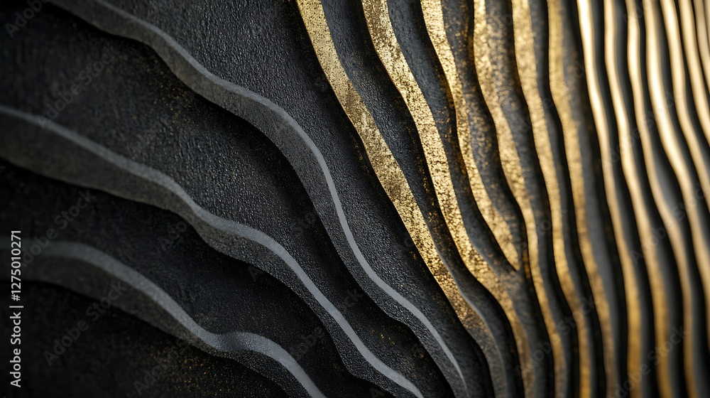 Poster an artistic close-up of a textured panel showcasing waves of dark and golden hues, creating a striki