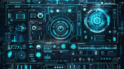 Obraz premium Advanced digital screen interface viewed from a futuristic perspective, with floating elements, data flow, and a high-tech, abstract background representing cyber technology.