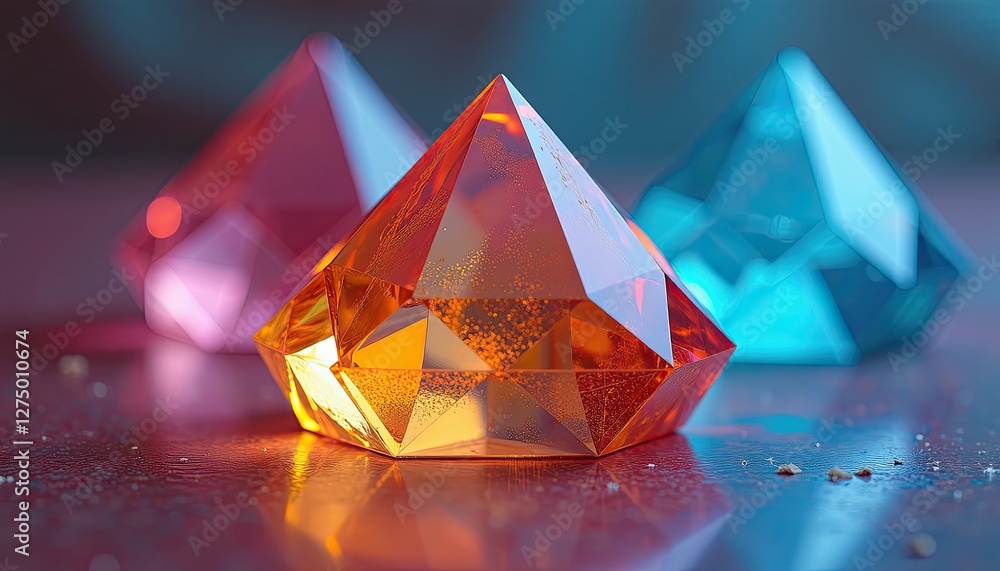 Poster explore the vibrant spectrum: three colorful pyramids reflecting in a glossy surface. a group of col