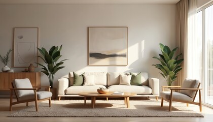 Minimalist living room interior with neutral color palette. Modern sofa with pillows, round wooden coffee table, armchair, green plants in pots, abstract art on wall, sunlight through curtains.