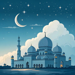 A deep blue and silver-toned composition featuring mosque for Eid